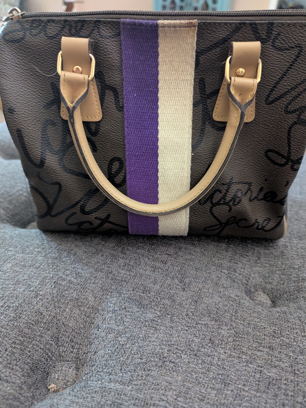 Victoria's Secret Brown Satchel with Purple and Cream Stripe